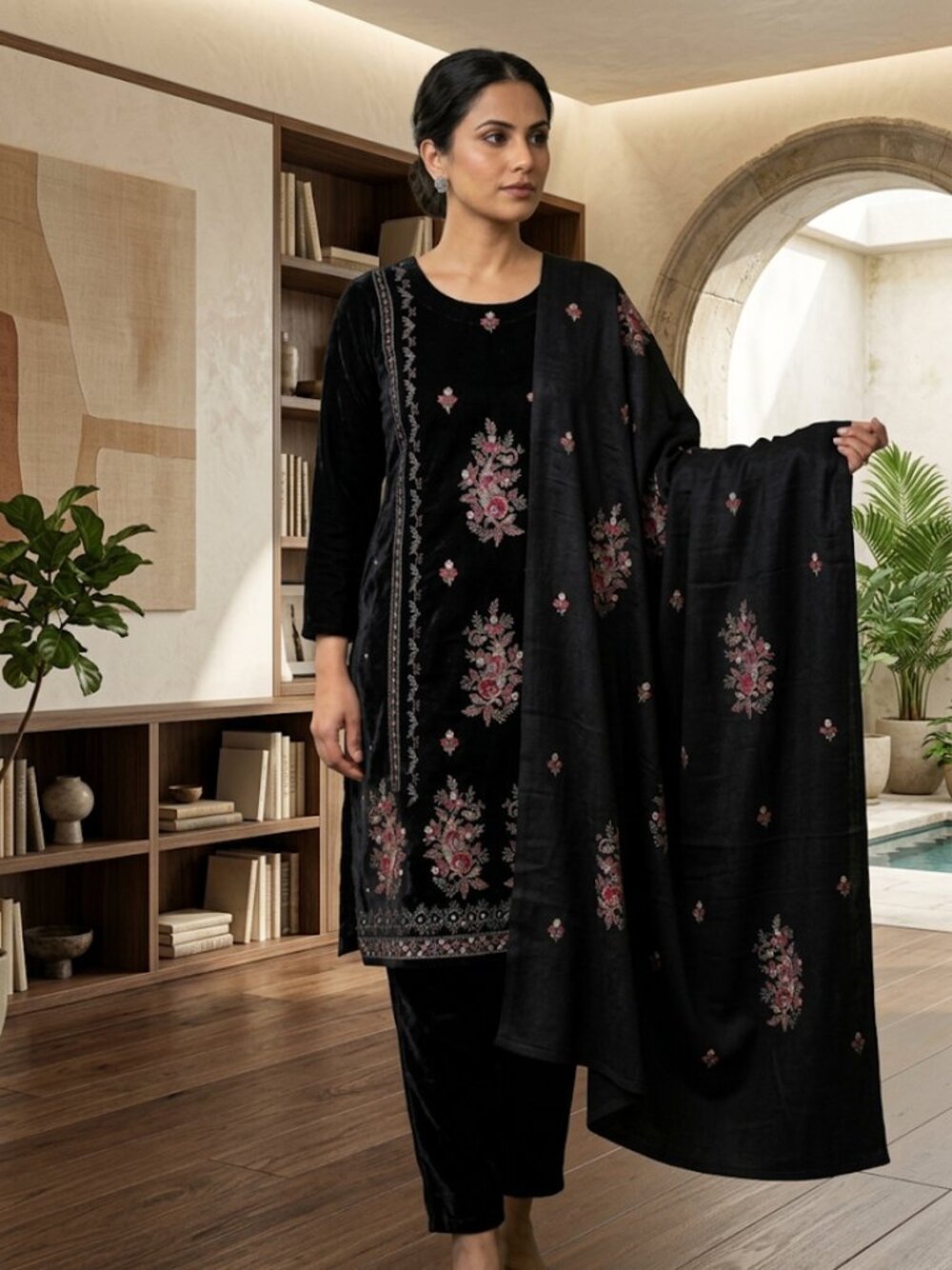Women's 3-Piece Black Velvet Tunic Suit Set with Floral Embroidery, Straight Pan